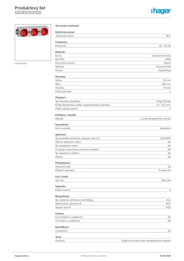 Obrázek Hager Product data sheet GS30003020 | Hager