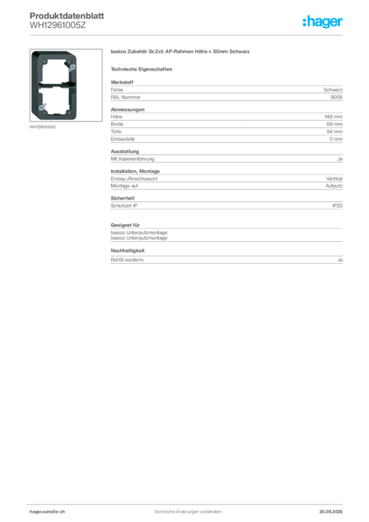 Bild Hager Produktdatenblatt WH12961005Z | Hager Schweiz