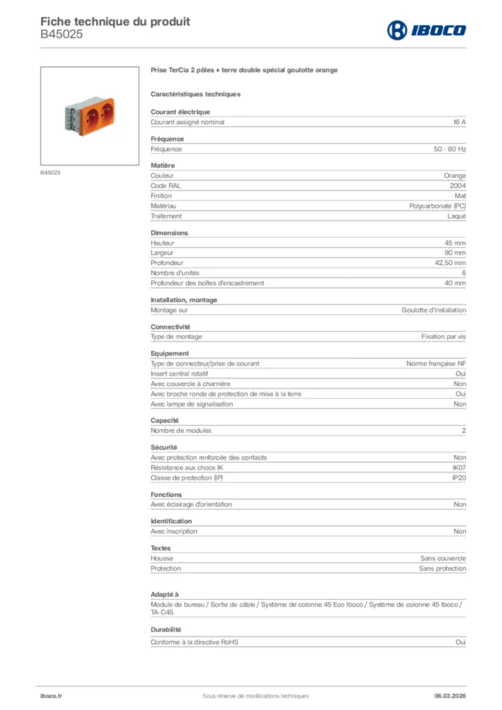 Image Iboco Fiche technique du produit B45025 | Hager France