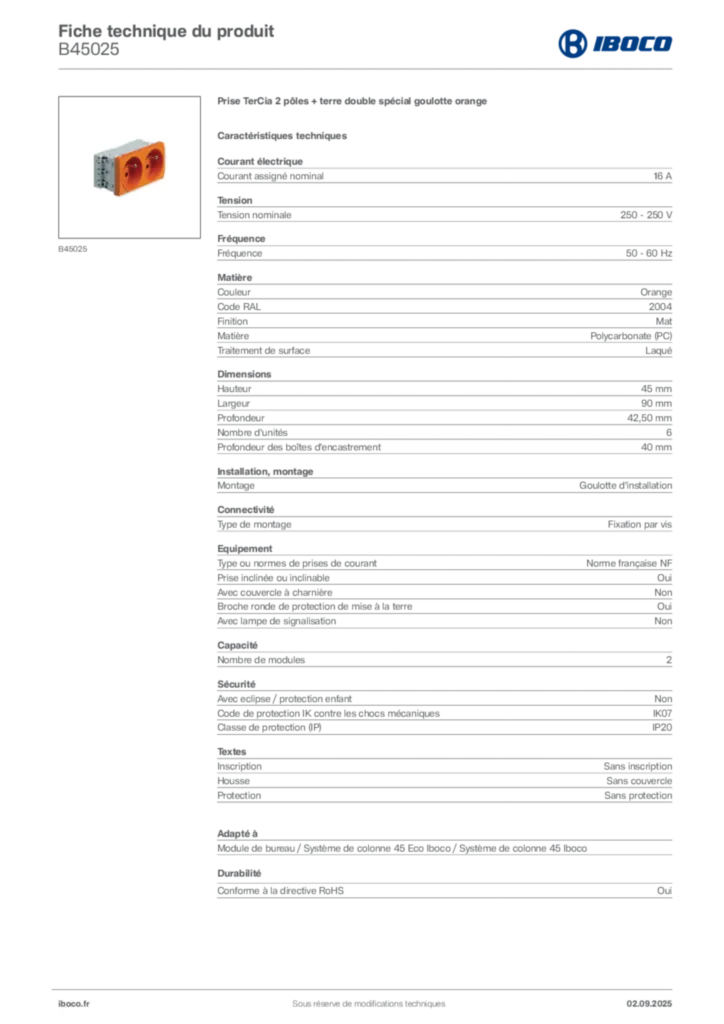 Image Iboco Fiche technique du produit B45025 | Hager France