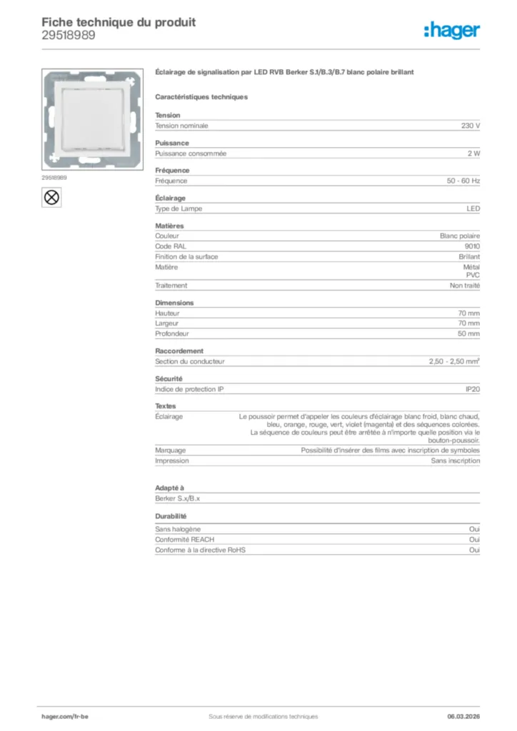 Image Hager Fiche technique du produit 29518989 | Hager Belgique