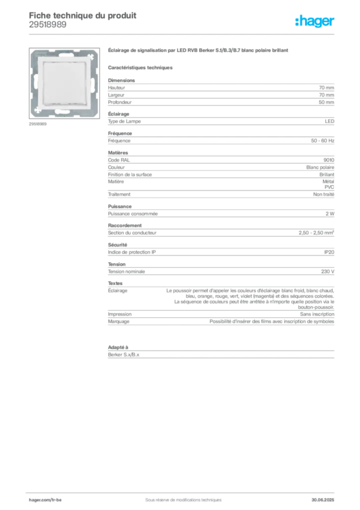 Image Hager Fiche technique du produit 29518989 | Hager Belgique