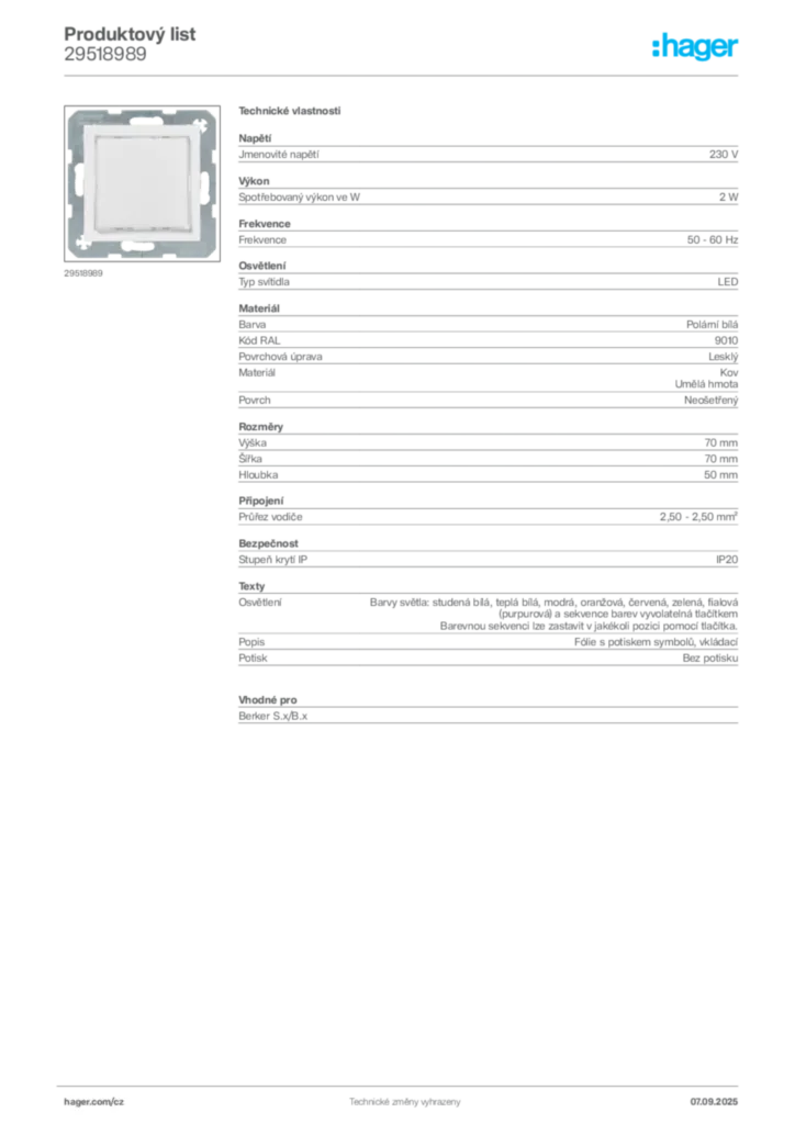 Obrázek Hager Produktový list 29518989 | Hager