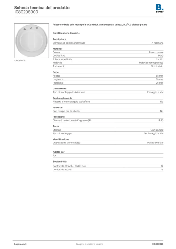 Immagine Berker Scheda tecnica del prodotto 1080208900 | Hager Italia