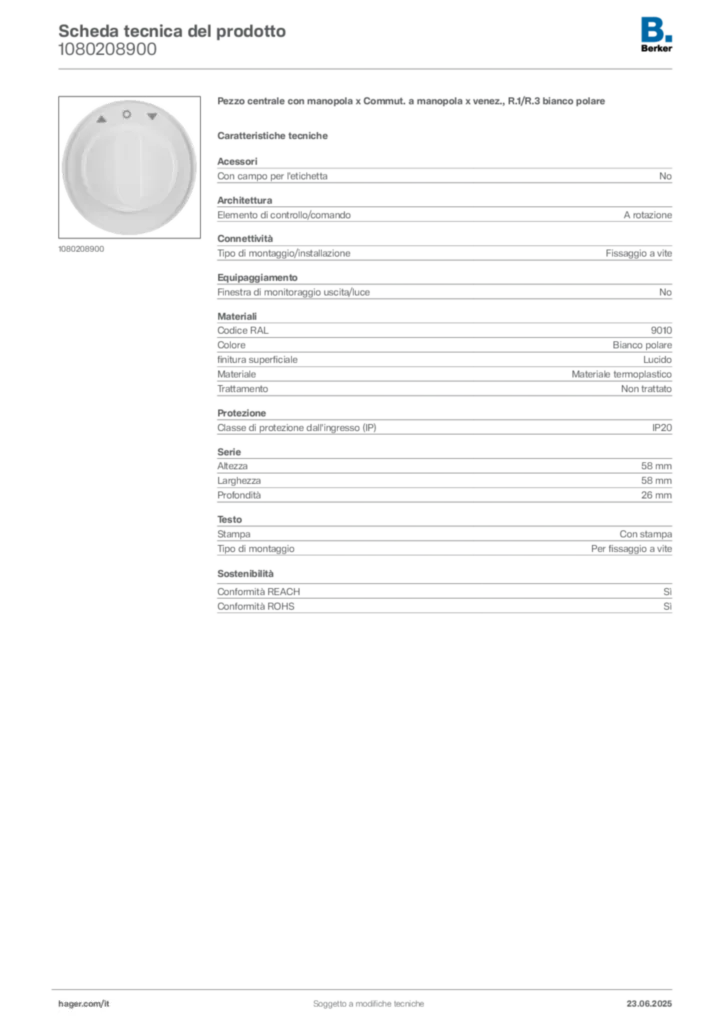 Immagine Berker Scheda tecnica del prodotto 1080208900 | Hager Italia
