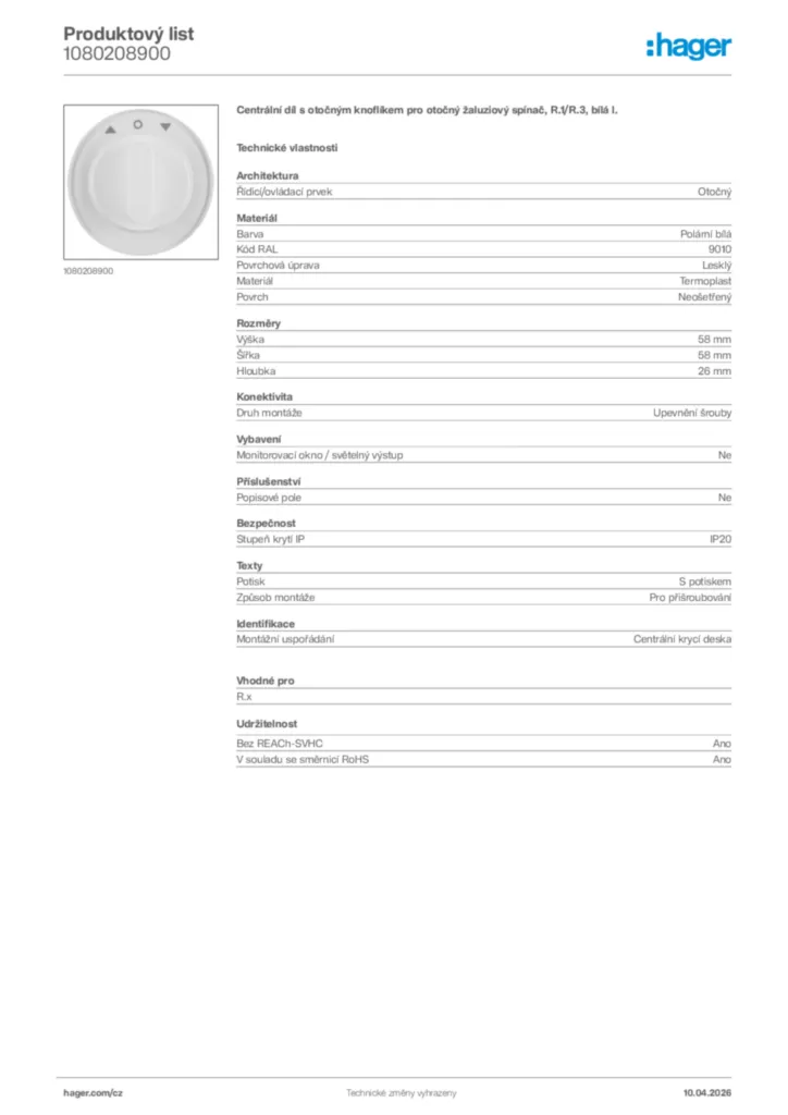 Obrázek Hager Product data sheet 1080208900 | Hager