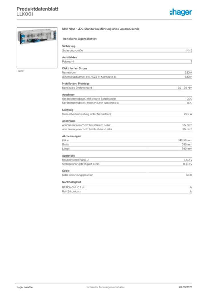 Bild Hager Produktdatenblatt LLK001 | Hager Deutschland