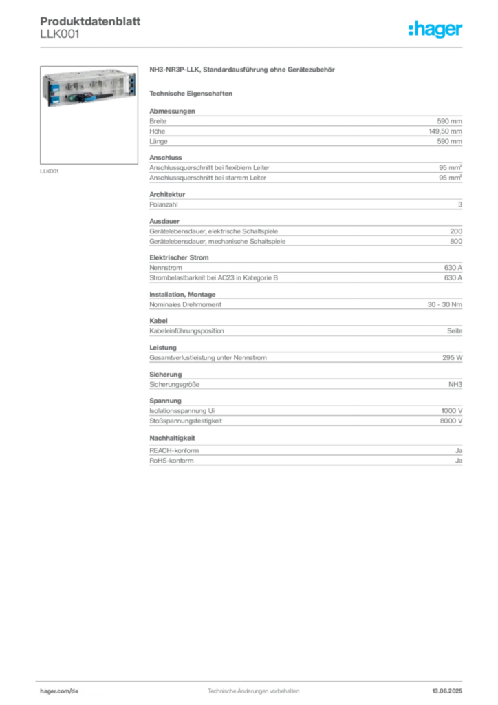 Hager Produktdatenblatt LLK001