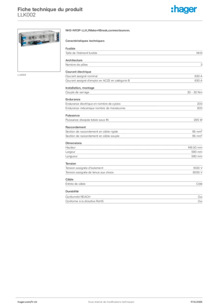 Image Hager Fiche technique du produit LLK002 | Hager Suisse