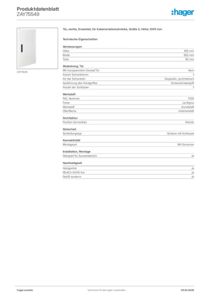 Bild Hager Produktdatenblatt ZAY75549 | Hager Deutschland