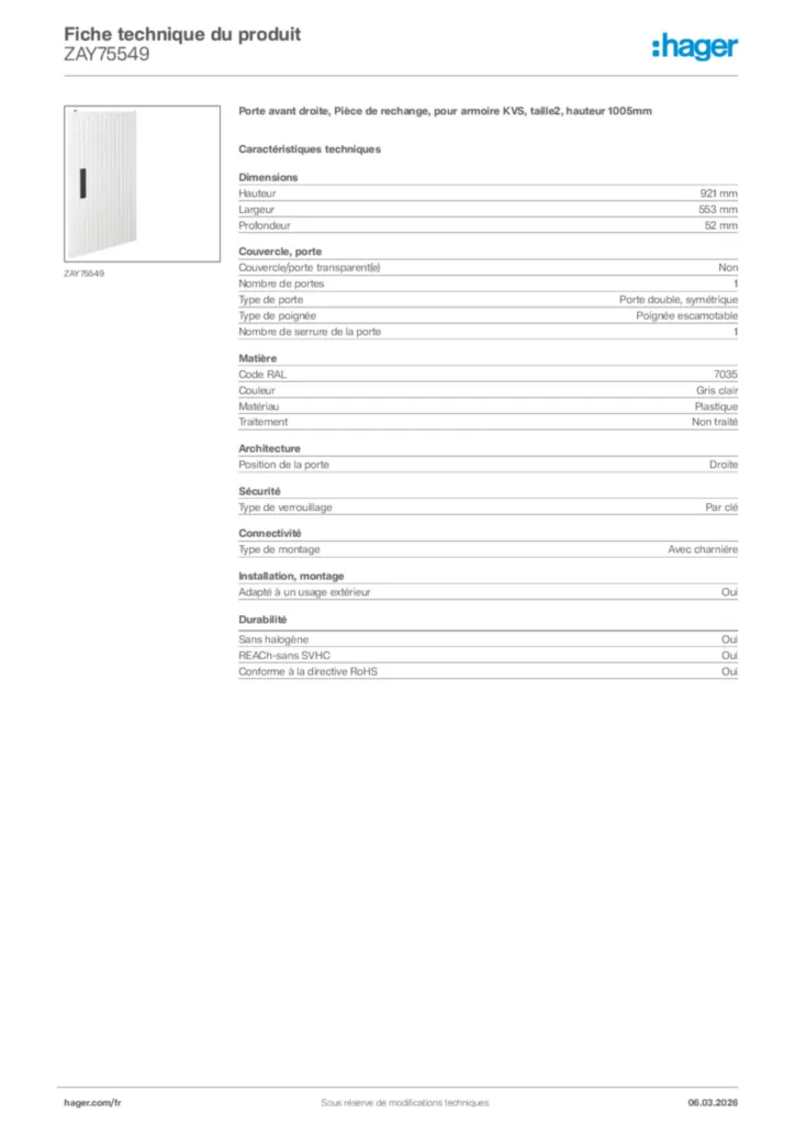Image Hager Fiche technique du produit ZAY75549 | Hager France