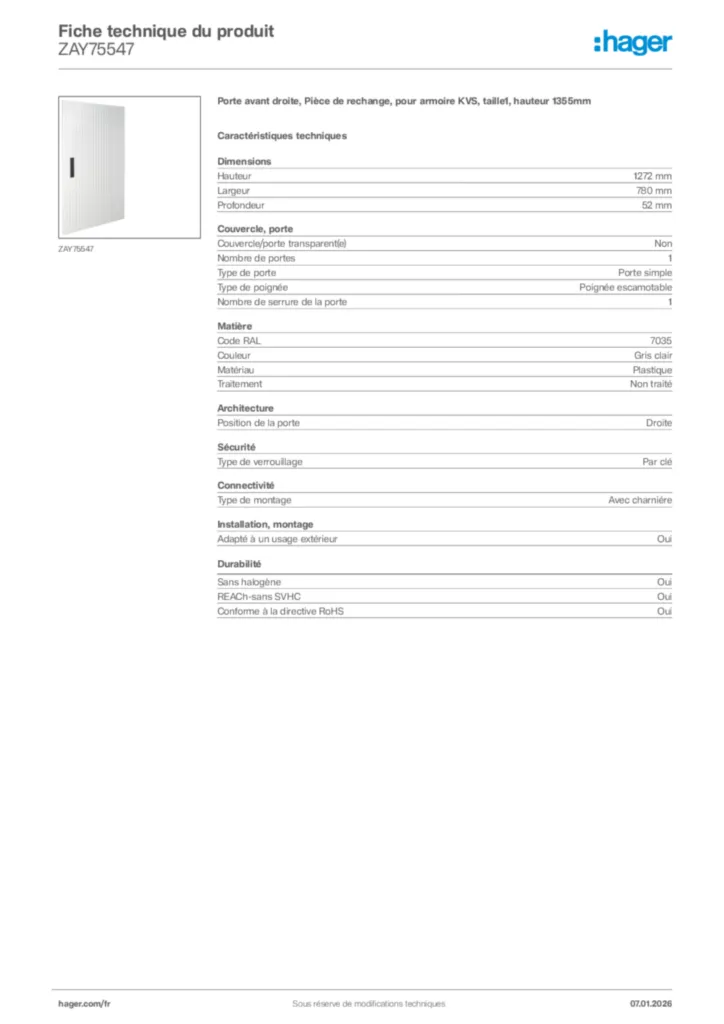 Image Hager Fiche technique du produit ZAY75547 | Hager France