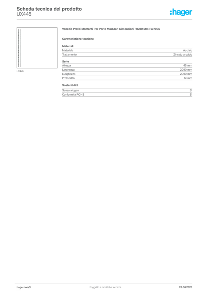 Immagine Hager Scheda tecnica del prodotto UX445 | Hager Italia