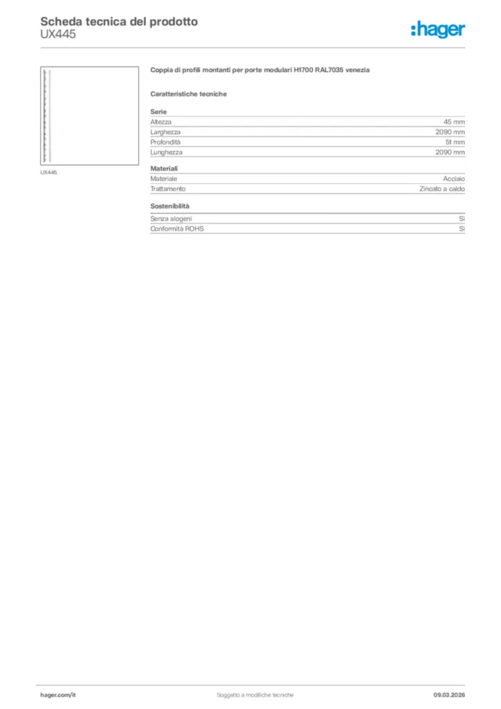 Immagine Hager Scheda tecnica del prodotto UX445 | Hager Italia