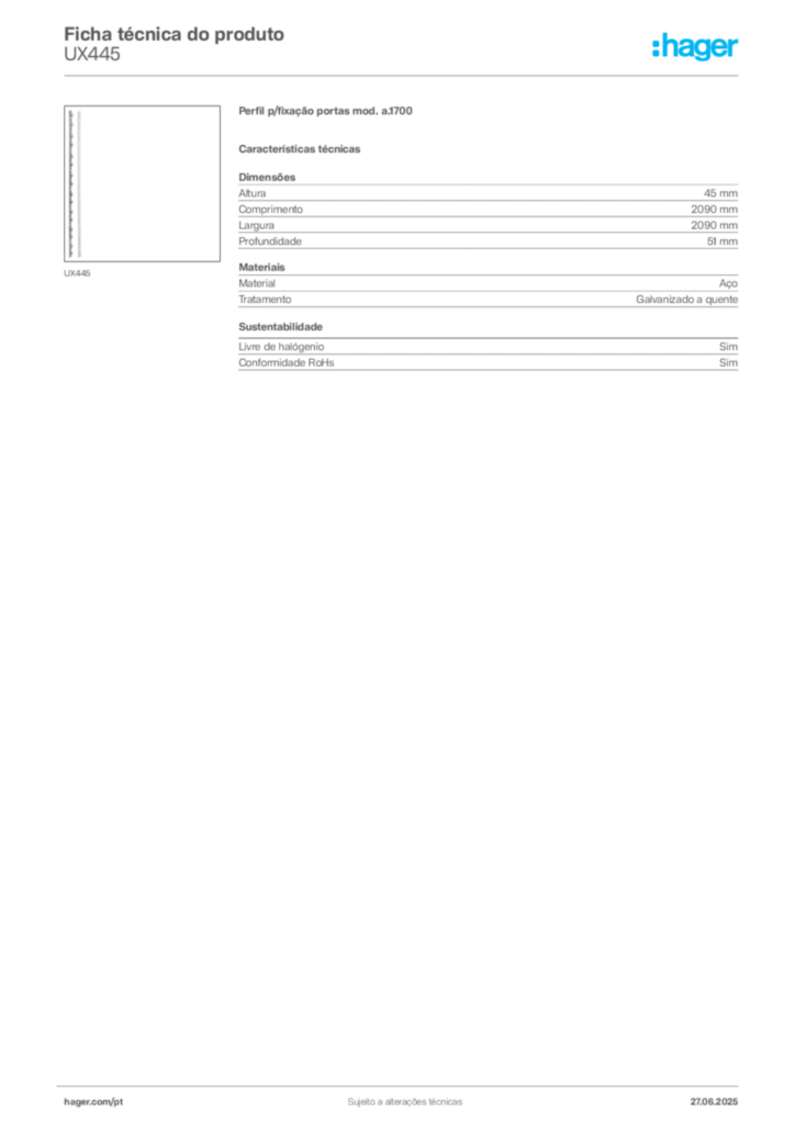 Imagem Hager Ficha técnica do produto UX445 | Hager Portugal