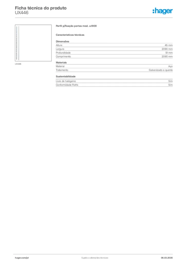 Imagem Hager Ficha técnica do produto UX446 | Hager Portugal