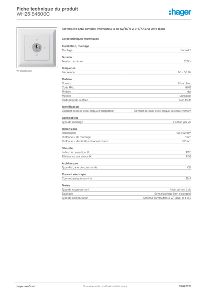 Image Hager Fiche technique du produit WH25184500C | Hager Suisse