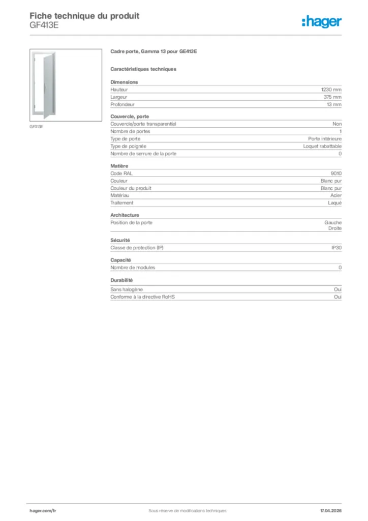Image Hager Fiche technique du produit GF413E | Hager France