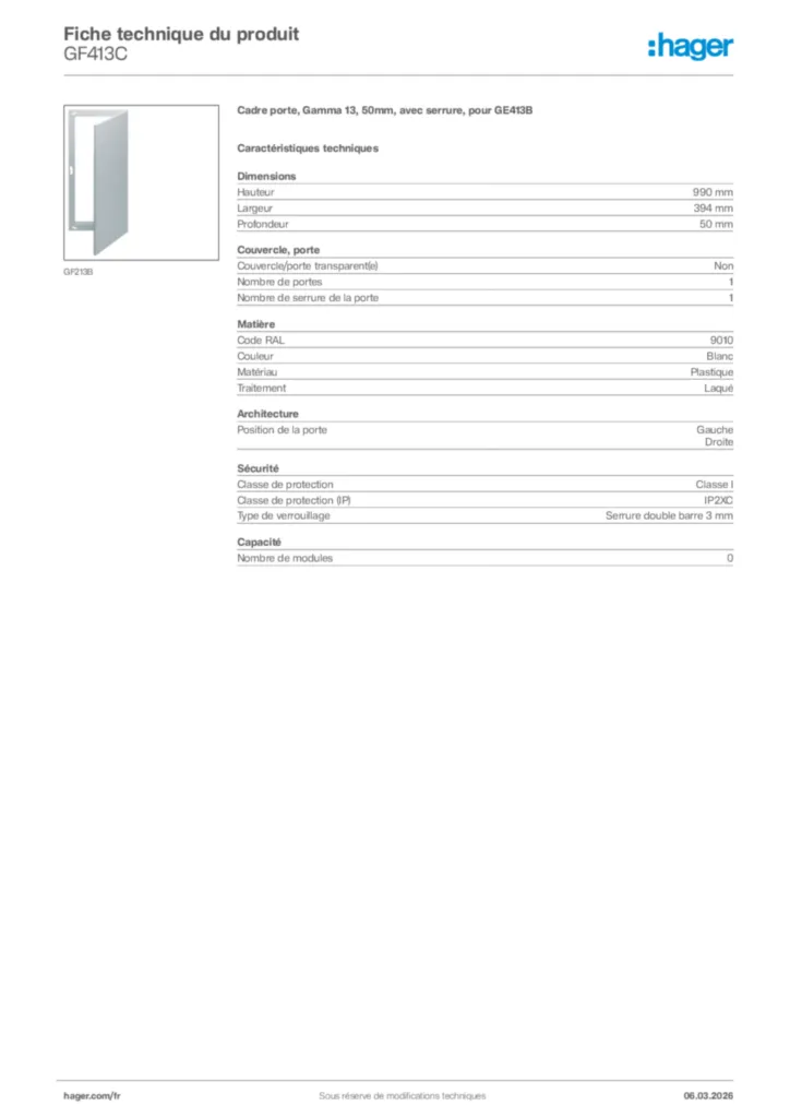 Image Hager Fiche technique du produit GF413C | Hager France