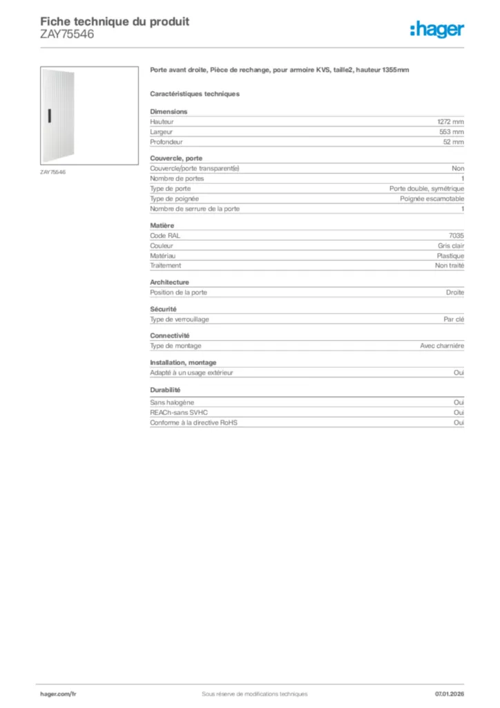 Image Hager Fiche technique du produit ZAY75546 | Hager France