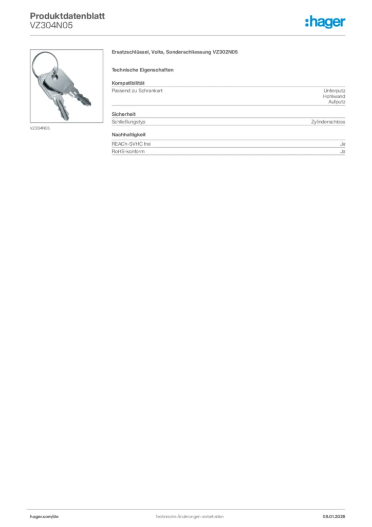 Bild Hager Produktdatenblatt VZ304N05 | Hager Deutschland