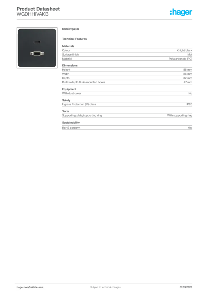 Image Hager Product data sheet WGDHHIVAKB  | Hager