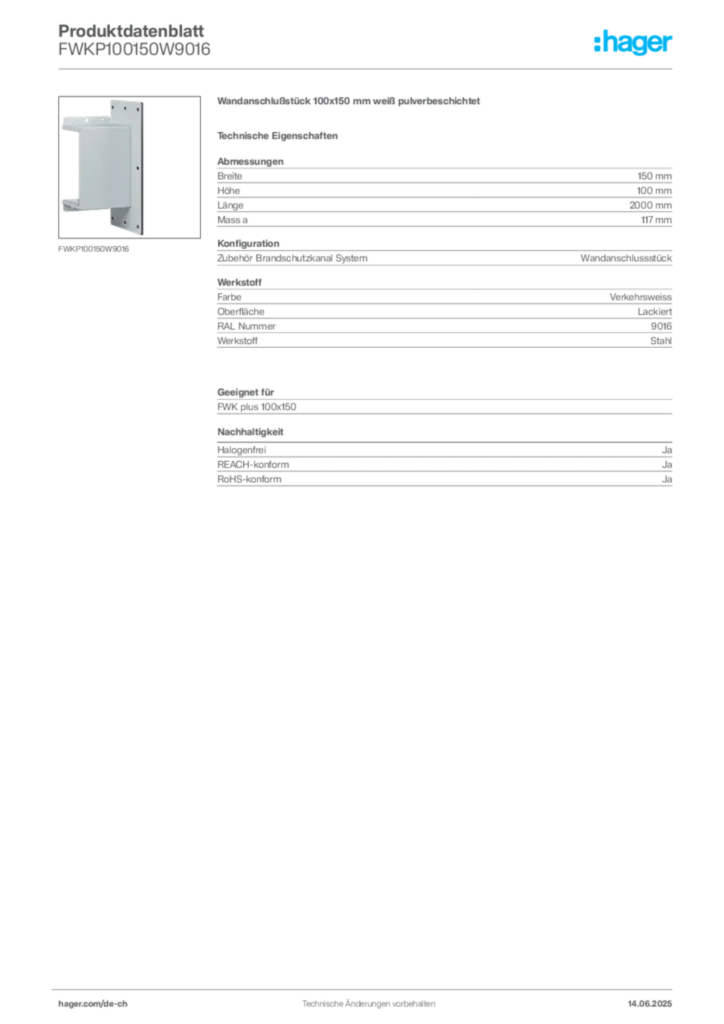 Bild Hager Produktdatenblatt FWKP100150W9016 | Hager Schweiz