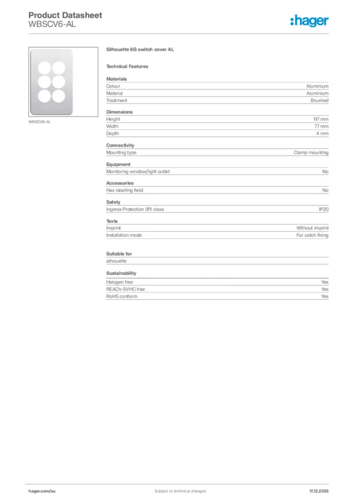 Image Hager Product data sheet WBSCV6-AL  | Hager Australia