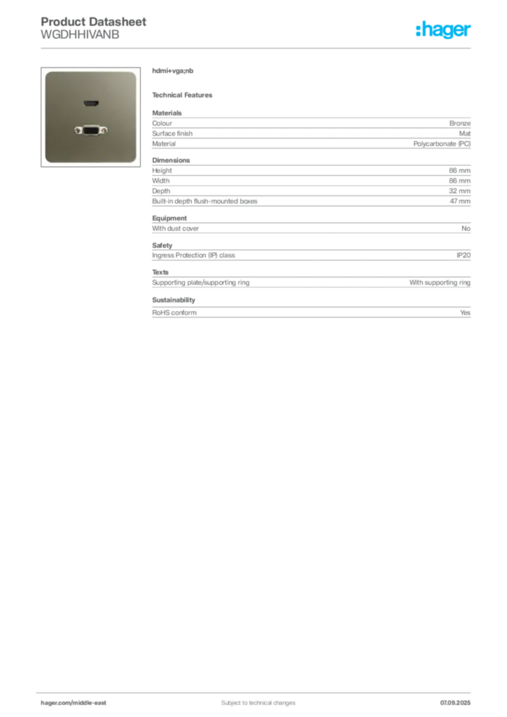 Image Hager Product data sheet WGDHHIVANB  | Hager