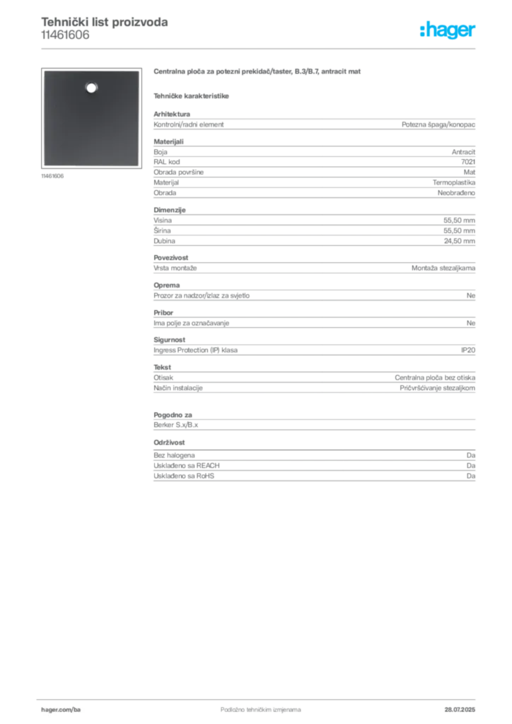 Slika Hager Product data sheet 11461606  | Hager