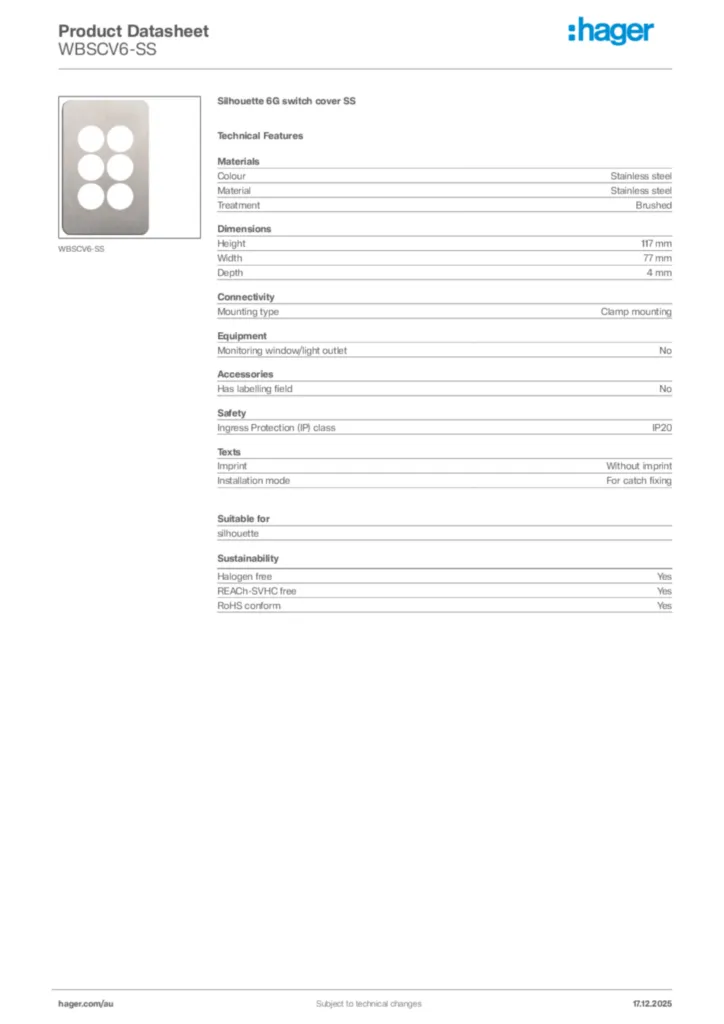 Image Hager Product data sheet WBSCV6-SS  | Hager Australia