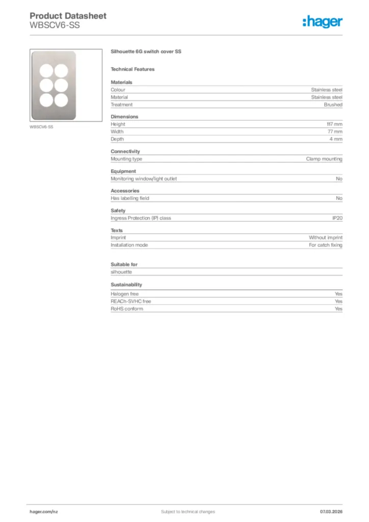 Image Hager Product data sheet WBSCV6-SS  | Hager New Zealand