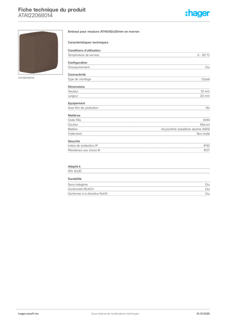 Image Hager Fiche technique du produit ATA122068014 | Hager Belgique