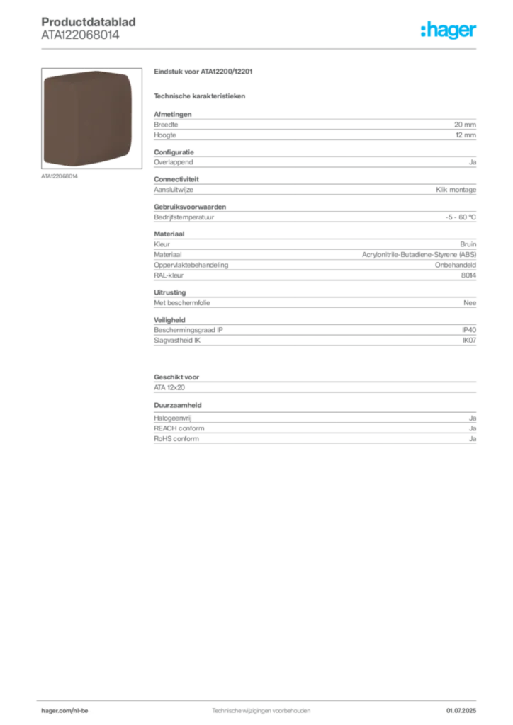Afbeelding Hager Productdatablad ATA122068014 | Hager Belgium