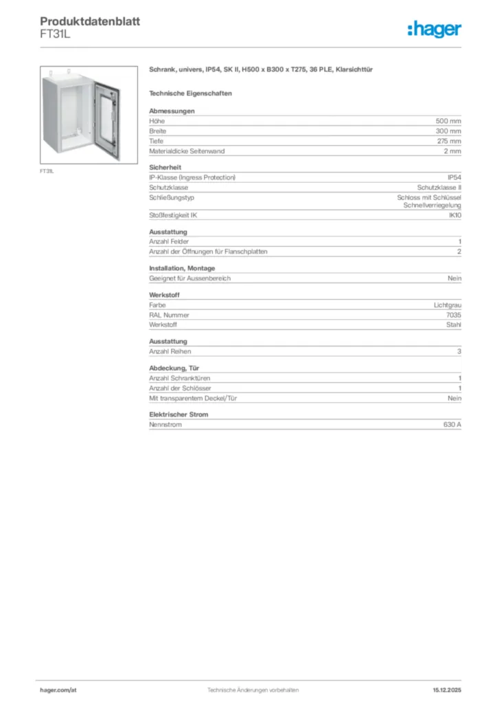 Bild Hager Produktdatenblatt FT31L | Hager Deutschland