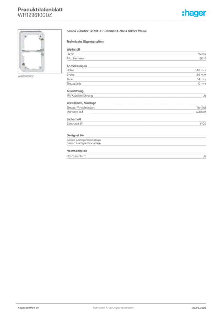 Bild Hager Produktdatenblatt WH12961000Z | Hager Schweiz