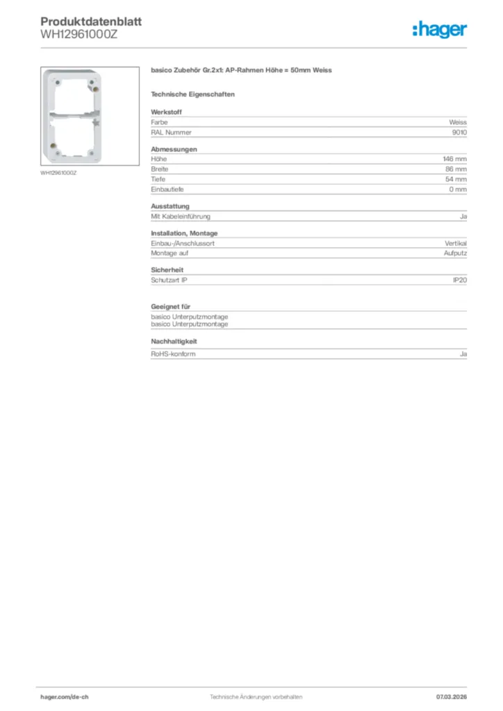 Bild Hager Produktdatenblatt WH12961000Z | Hager Schweiz