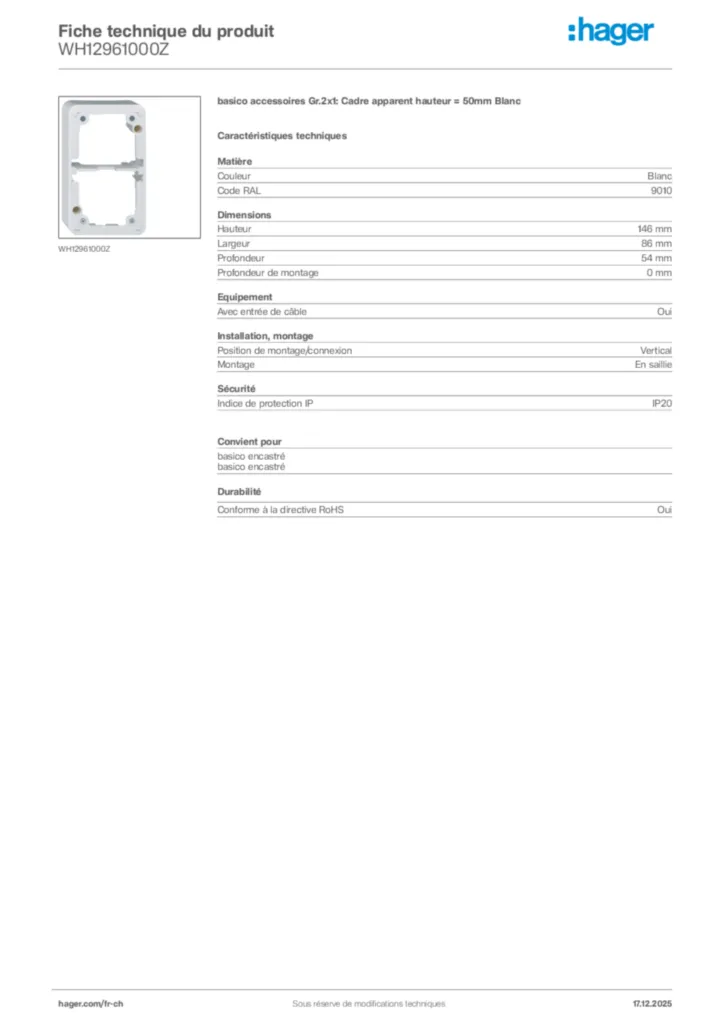 Image Hager Fiche technique du produit WH12961000Z | Hager Suisse
