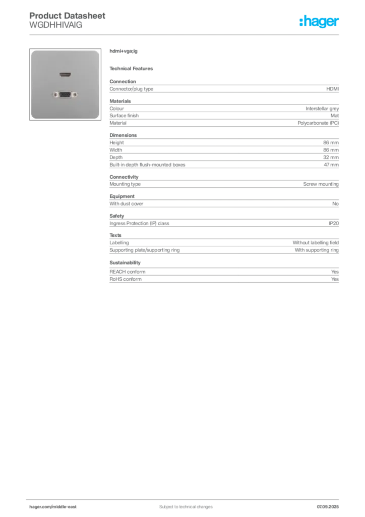 Image Hager Product data sheet WGDHHIVAIG  | Hager