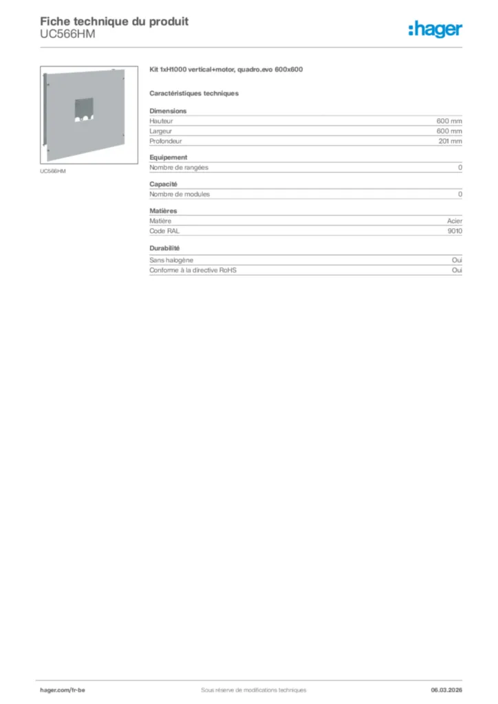 Image Hager Fiche technique du produit UC566HM | Hager Belgique