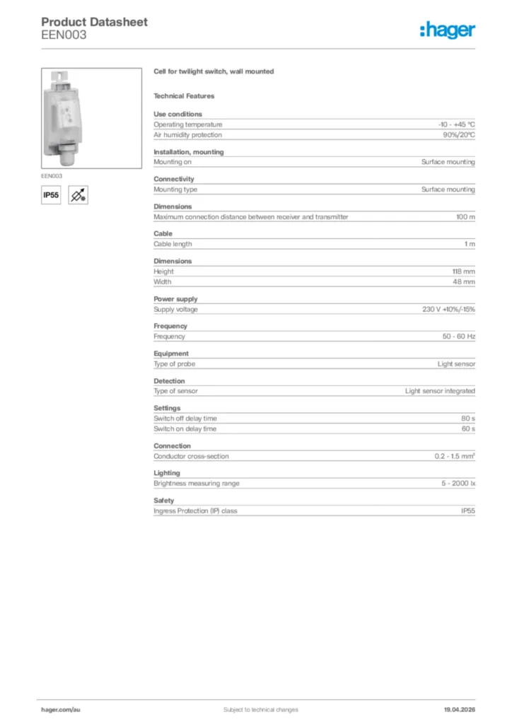 Image Hager Product data sheet EEN003  | Hager Australia