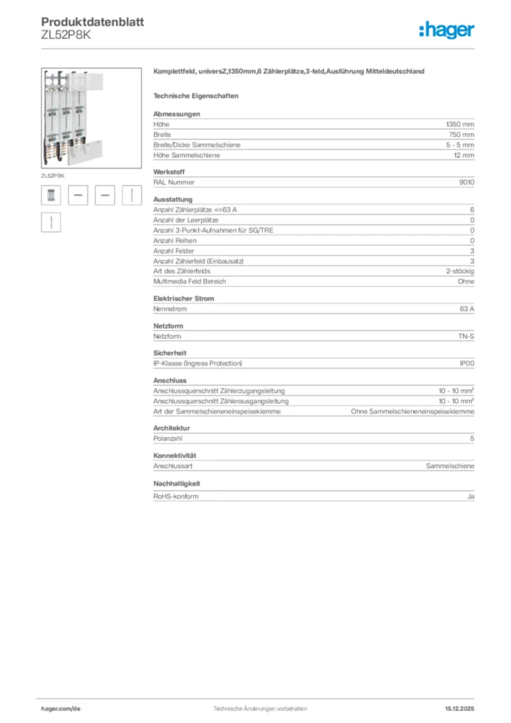 Bild Hager Produktdatenblatt ZL52P8K | Hager Deutschland