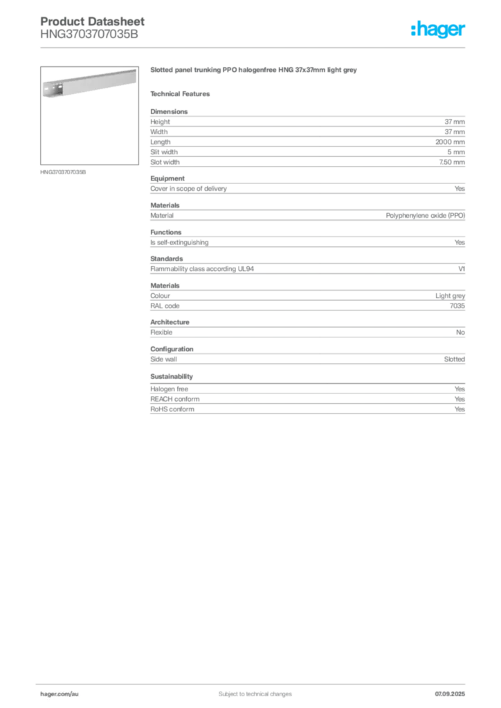 Image Hager Product data sheet HNG3703707035B  | Hager Australia