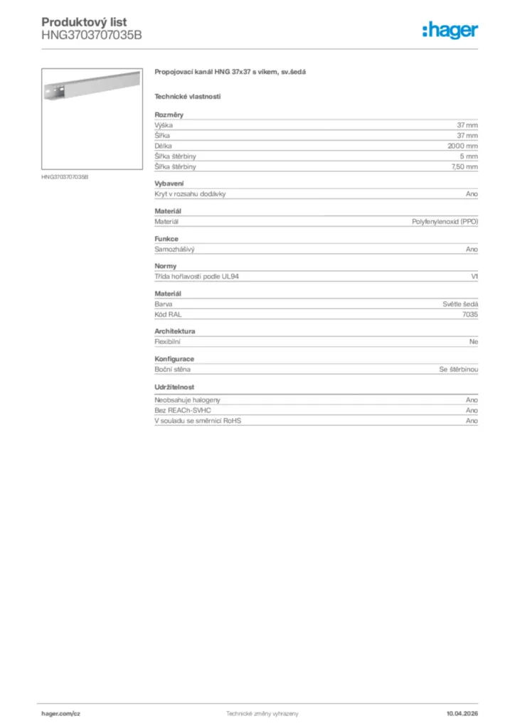 Obrázek Hager Product data sheet HNG3703707035B | Hager