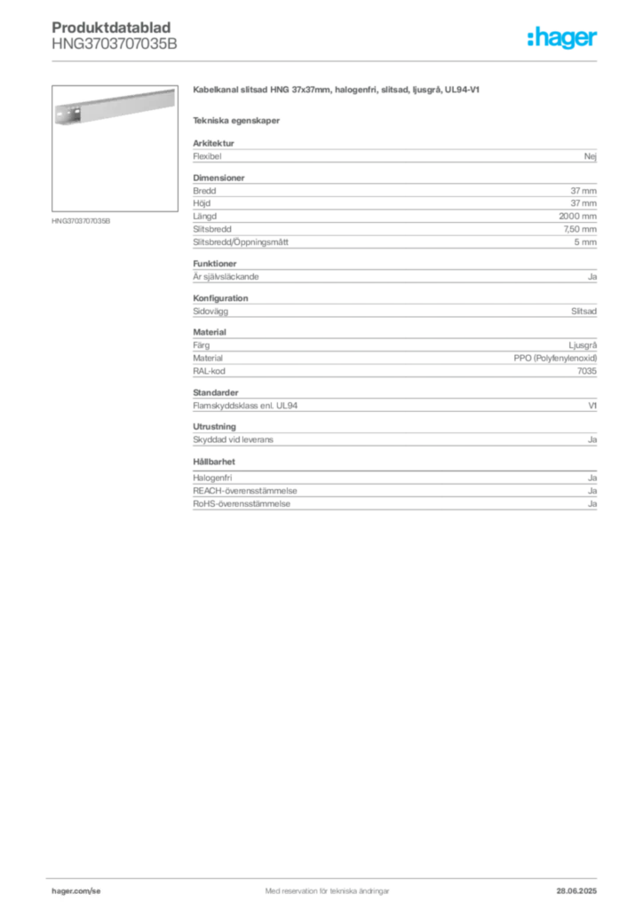 Bild Hager Produktdatablad HNG3703707035B | Hager Sverige