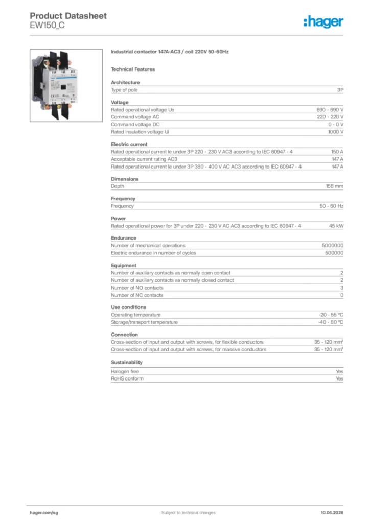 Image Hager Product data sheet EW150_C  | Hager
