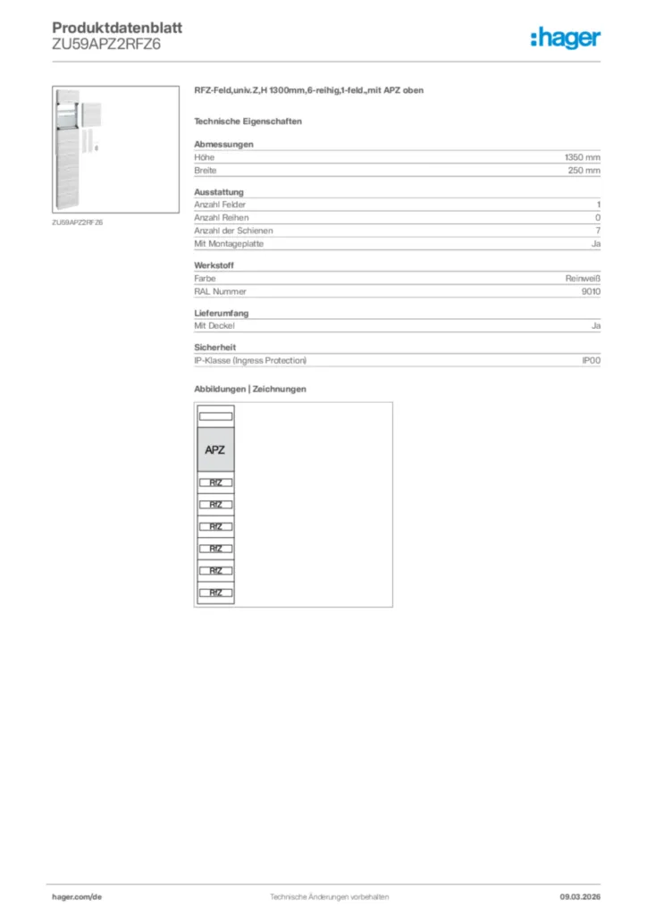 Bild Hager Produktdatenblatt ZU59APZ2RFZ6 | Hager Deutschland