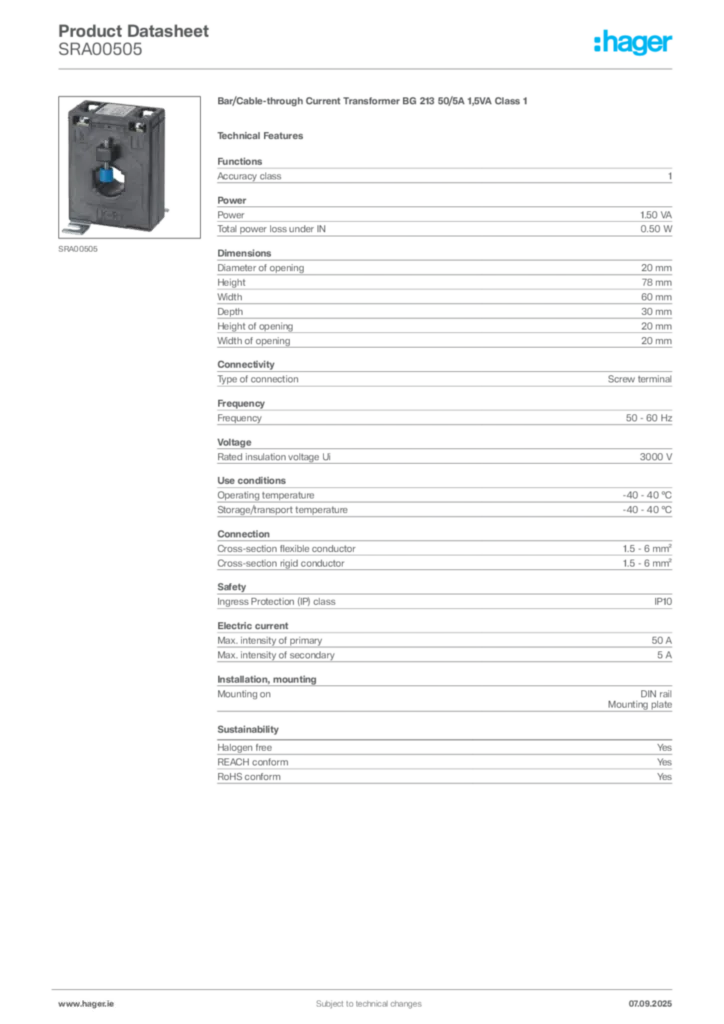 Image Hager Product data sheet SRA00505  | Hager
