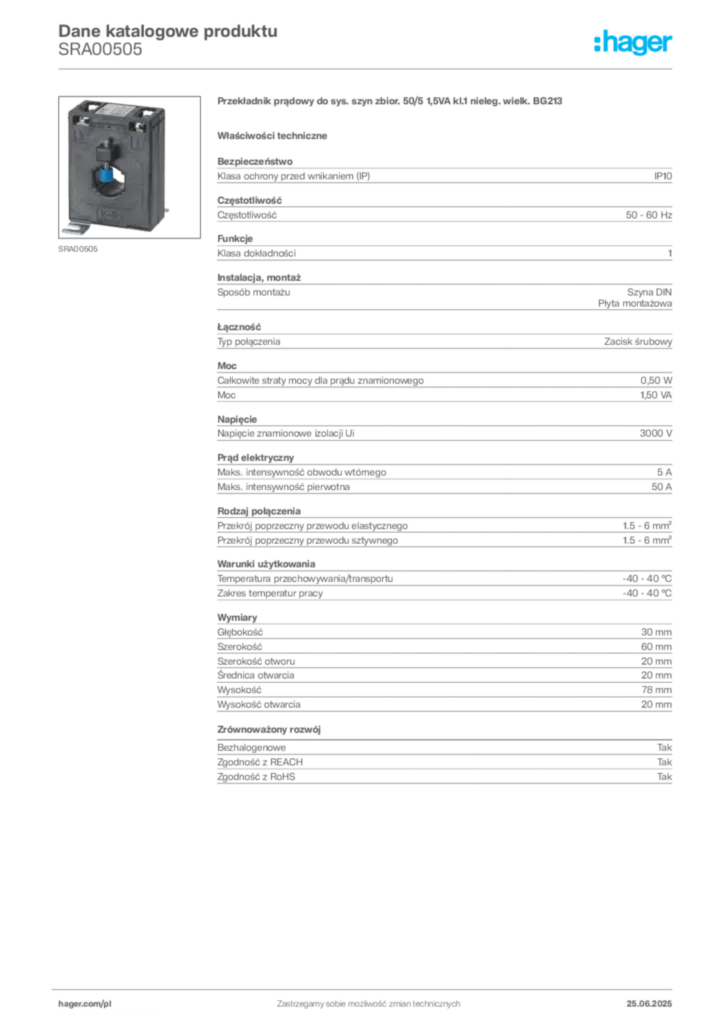 Zdjęcie Hager Karta katalogowa SRA00505 | Hager Polska