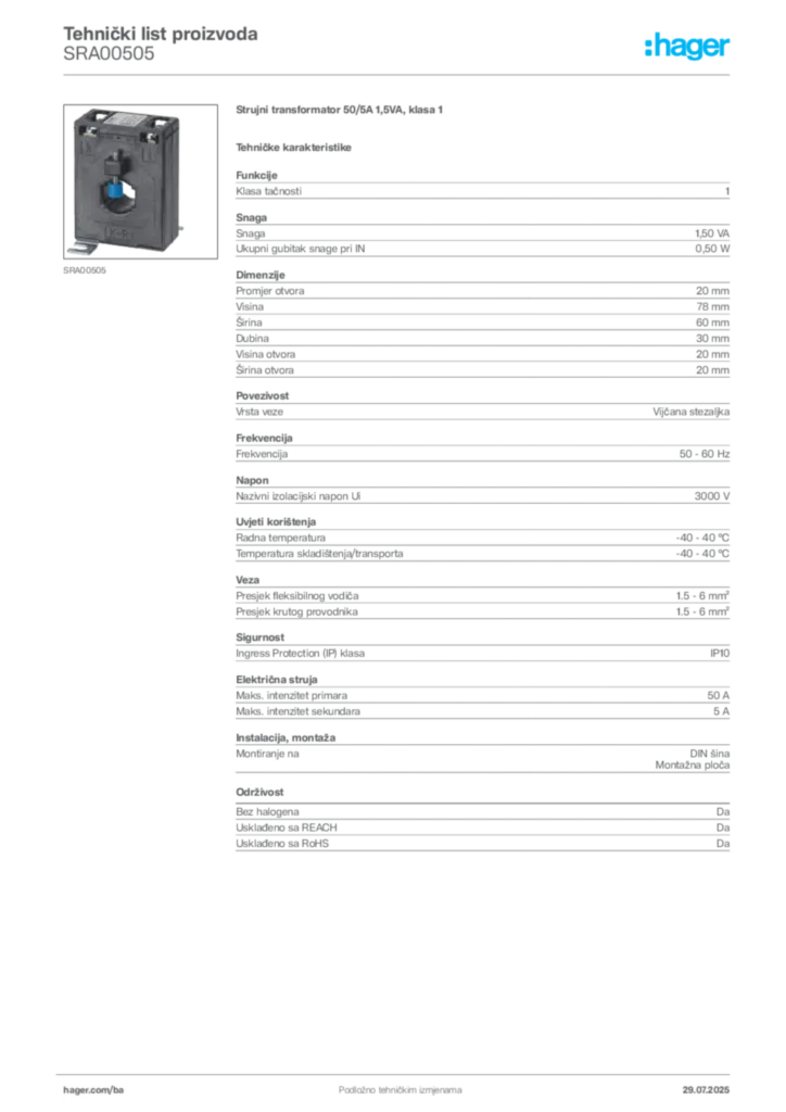 Slika Hager Product data sheet SRA00505  | Hager